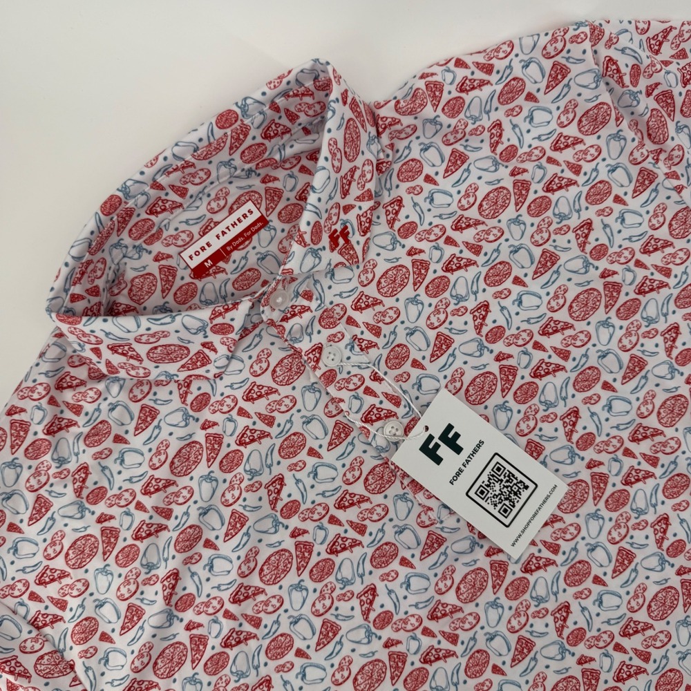 Fore Fathers Mens Pizza Print Performance Golf Polo Shirt White Red Blue Size M